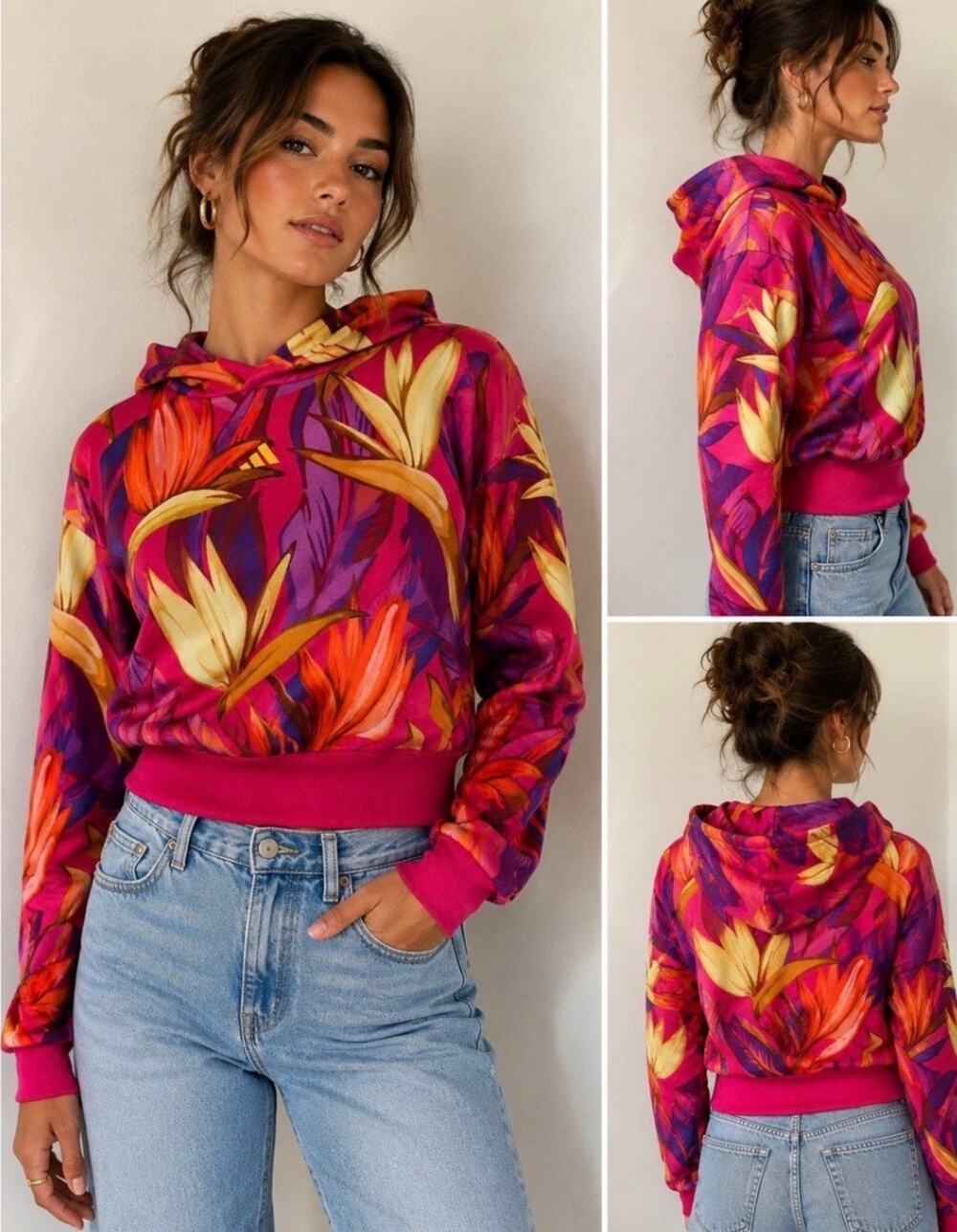 NWT Adidas Farm Rio Birds Of Paradise Bold Pink Cropped Pullover Hoodie Small